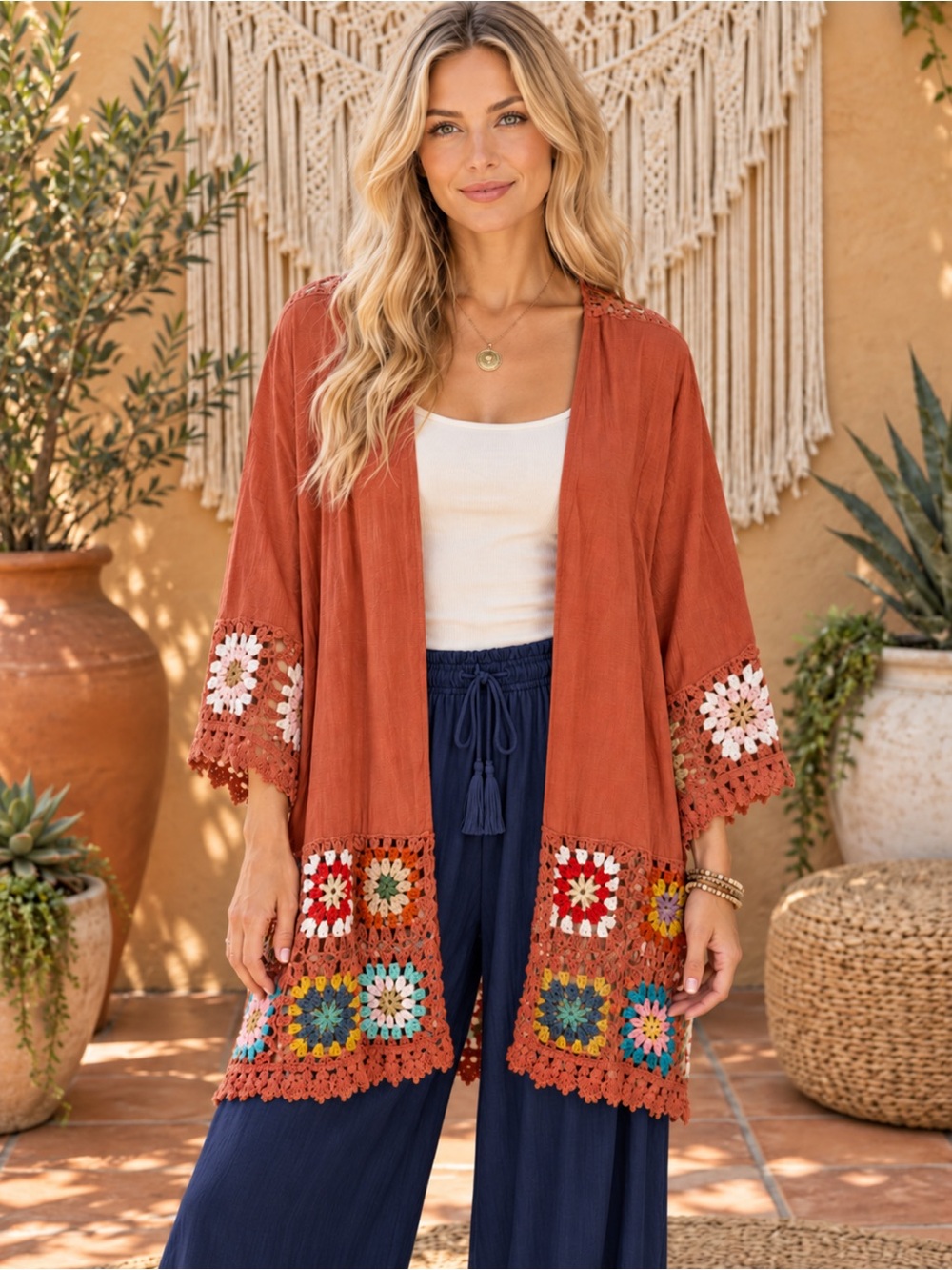 376 NWT Umgee Rust Openfront Crochet-Trim Kimono Size Large will fit up to 3X
